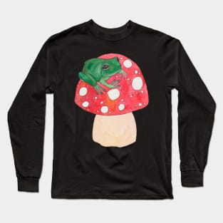 Green frog on red mushroom fly agaric Long Sleeve T-Shirt